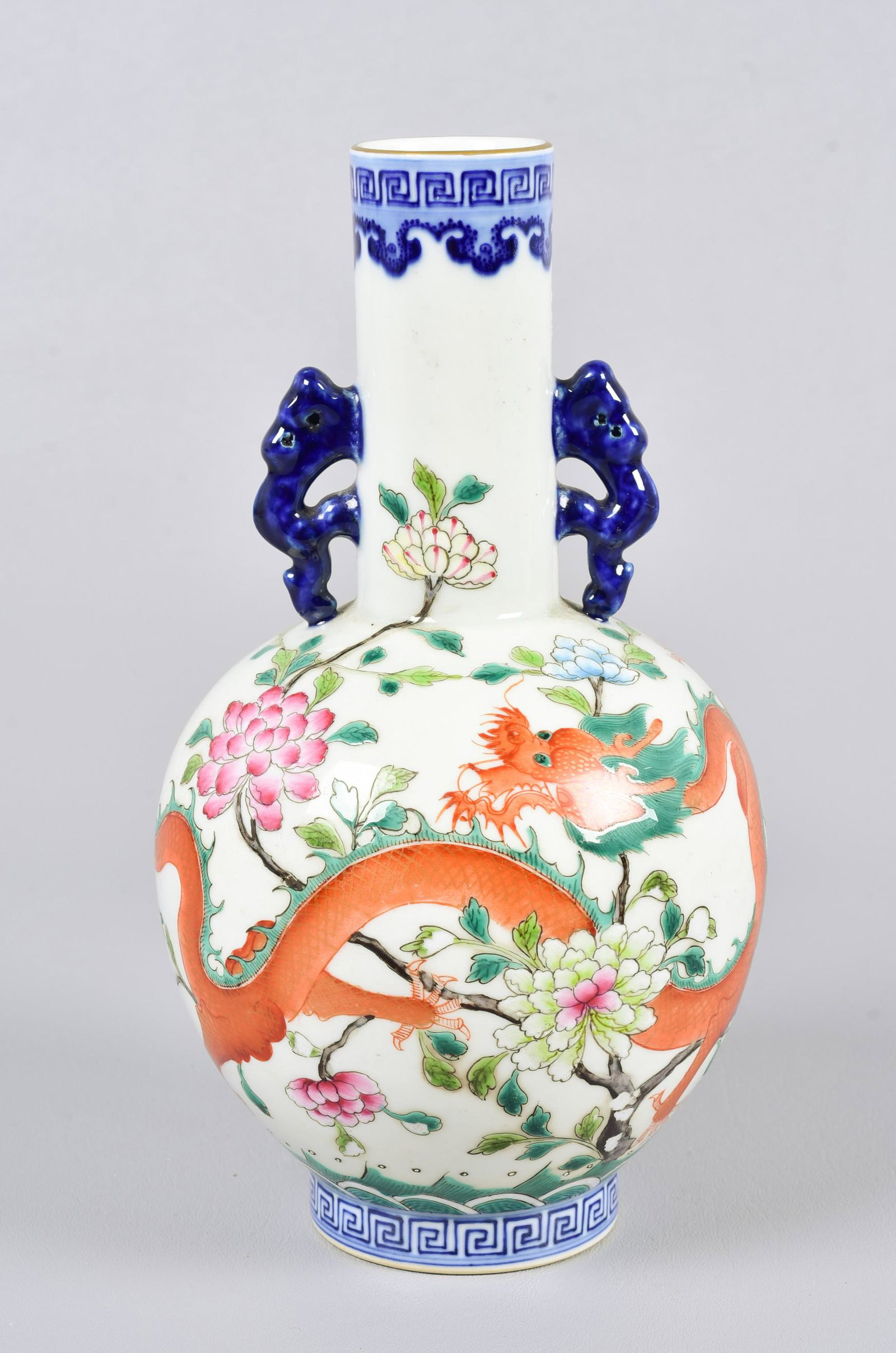 Chinese Porcelain Vase: Chinese porcelain vase, dragon & floral decoration, cobalt blue handles, seal mark to base, 10" h