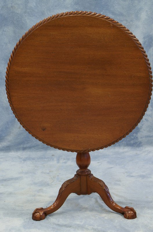 Carved mahogany Chippendale style tilt-top tea tabl: Carved mahogany Chippendale style tilt-top tea table with gadrooned edge on top, claw and ball feet, 37 1/2" diameter