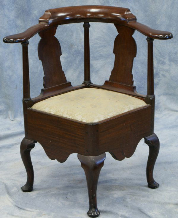 Mahogany Queen Anne corner chair, slip seat, old re: Mahogany Queen Anne corner chair, slip seat, old repairs, 33" tall