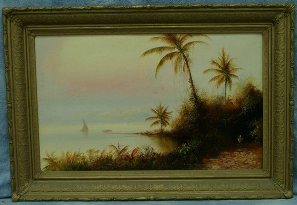 American School, 19/20th c, o/c, Tropical Beach wi: American School, 19/20th c, o/c, Tropical Beach with Palm Trees, perhaps Florida, 22" x 36", relined