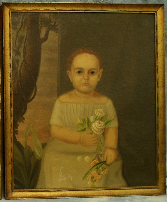 American School, 19th c, o/c, Portrait of a Young : American School, 19th c, o/c, Portrait of a Young Girl Holding a flower, 30" x 25", even craquelure