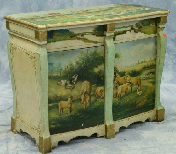 Continental style 2 door commode with 2 drawers, p: Continental style 2 door commode with 2 drawers, painted hunt scene decoration, 20th c, 39-1/2" w, 20" d, 31-1/2" h