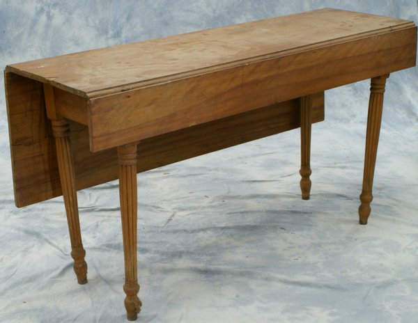 New England birch Sheraton drop leaf table, missin: New England birch Sheraton drop leaf table, missing half of one leaf, 15-1/2" w, 53" l, 16" leaf