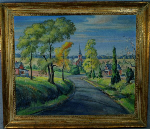 Henry Theodore Hallman, American, PA, b 1904, o/c: Henry Theodore Hallman, American, PA, b 1904, o/c, Church in a Landscape, possibly Telford, PA, inscribed verso "Property of Helen H Frederick, 515 N 4th St, Telford, Penna", 25" x 30"