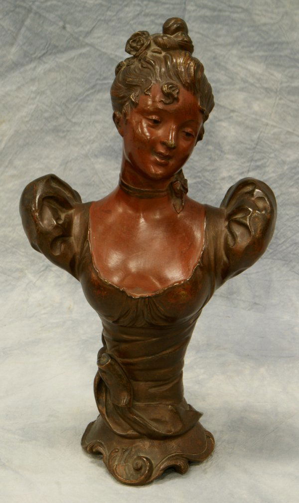 Patinated bronzed bust of a woman, signed J. Berth: Patinated bronzed bust of a woman, signed J. Berthoz, 12" tall