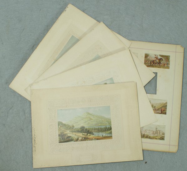 4 colored prints in the manner of George Baxter, u: 4 colored prints in the manner of George Baxter, unsigned, each one 2 1/4" x 3 5/8" on an embossed matte, Loch Katrine, Scotland, No 36, Ulleswater, No 55, Durham Cathedral, No 56, Ben Lomond, No 58, 