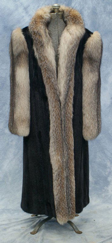Black mink coat with fox trim: Black mink coat with fox trim, about size 12-14