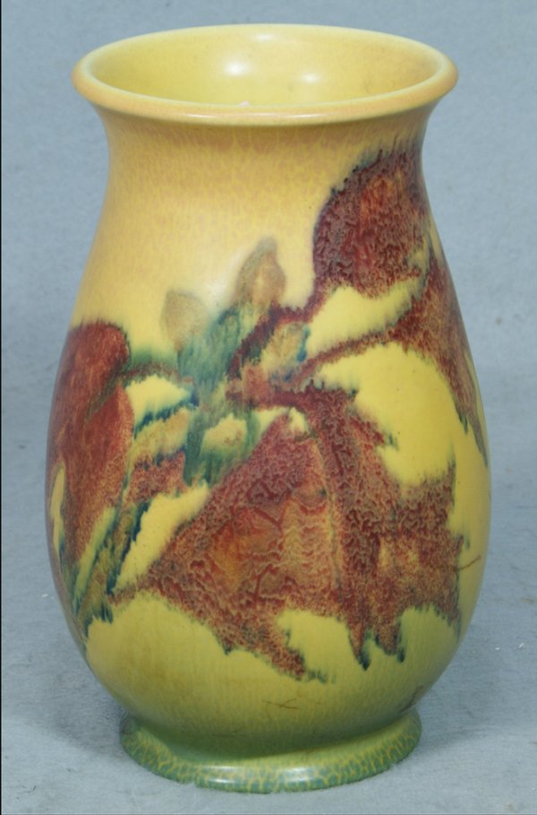 Rookwood matte glazed vase with autumn leaf decor: Rookwood matte glazed vase with autumn leaf decoration, mold 2782, date mark XXIX, 9 3/4" tall with a broad 2 1/2" chip around the bottom of the foot that has a maximum depth of 1/8"
