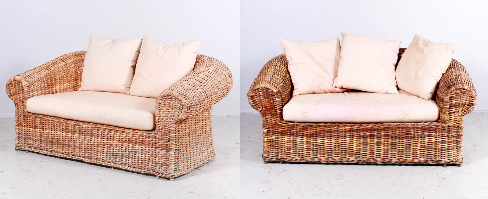 Pr Kreiss Collection Wicker & Rattan Settees: Pr Kreiss Collection Wicker & Rattan Settees, 74" long, 33" h