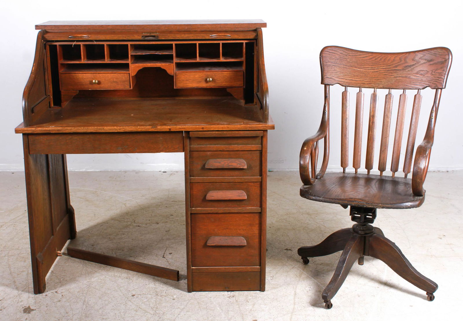 Oak paneled roll top desk with oak swivel office chair (1 of 5)
