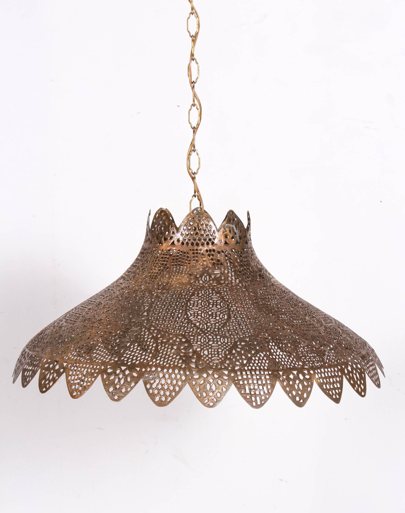 Pierced gilt metal hanging light: Pierced gilt metal hanging light, 12"h x 27"diameter