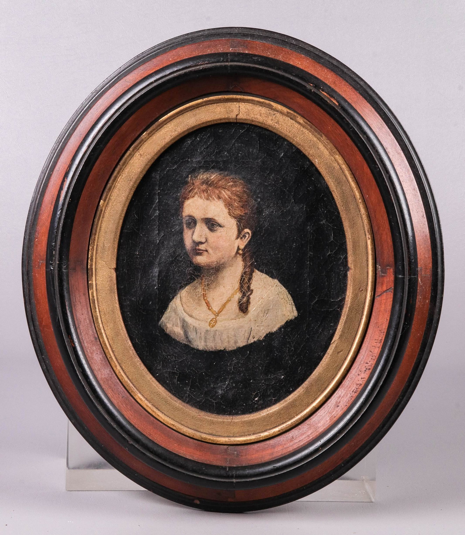 19th C Portrait Painting of a Young Girl: 19th C portrait painting of a young girl, oil on canvas, no visible signature, 10" x 8", framed size 15-3/4" x 13-3/4", fair condition, age cracking