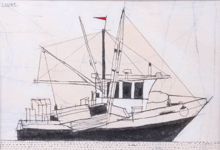 Joseph Hart "Boat at Rock Harbor": Joseph Hart (American, b 1976) "Boat at Rock Harbor", study for painting, mixed media on board, signed "J. Hart", signed "Joseph Hart on reverse, 4" x 6" sight, framed 8-7/8" x 10-7/8", very good cond