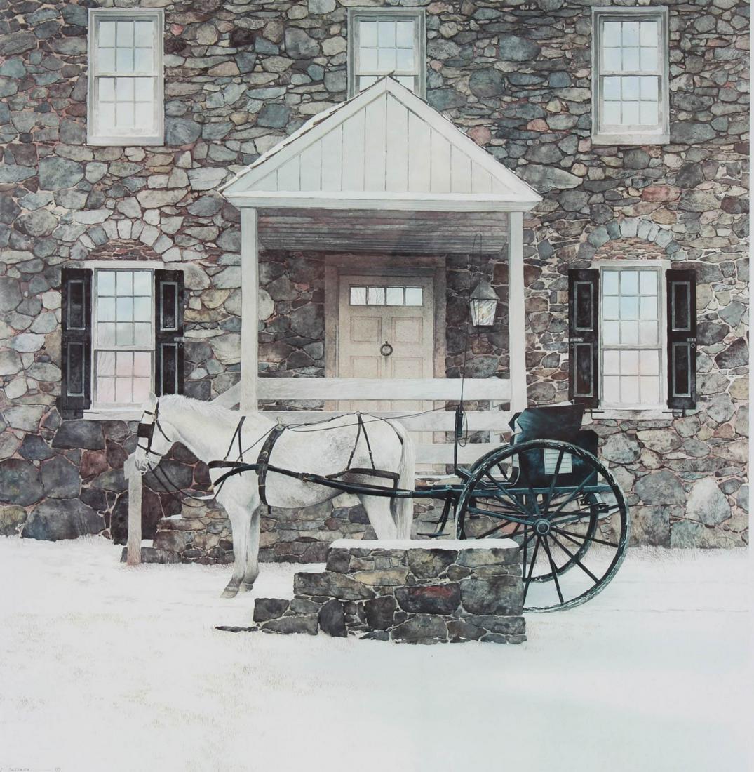 Peter Sculthorpe Lithograph "Evening Visit": Peter Sculthorpe (American, b 1948) lithograph "Evening Visit", offset lithograph on paper, signed "P. Sculthorpe, edition 337/500, 20" x 19-3/8" image, framed 28-3/4" x 28-1/8", very good condition