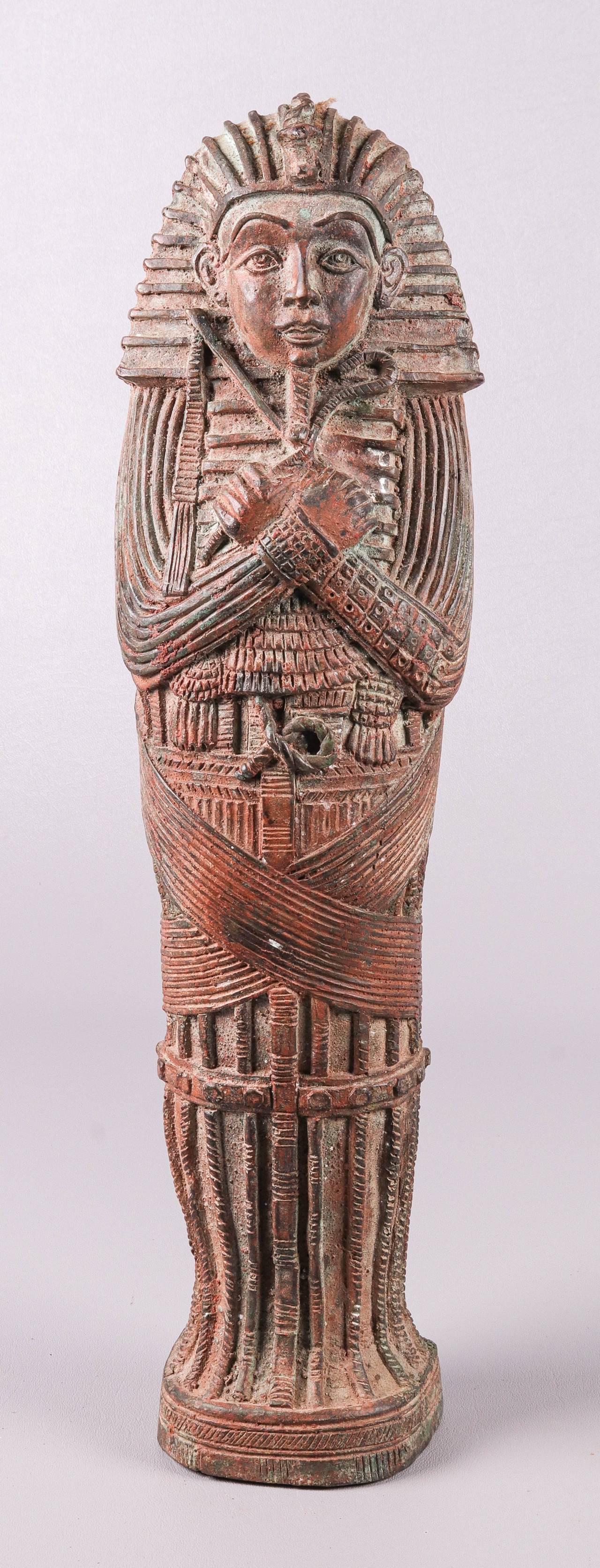 Bronze King Tut Sarcophagus Figure: Bronze King Tutankhamun Egyptian sarcophagus figurine, 18" h