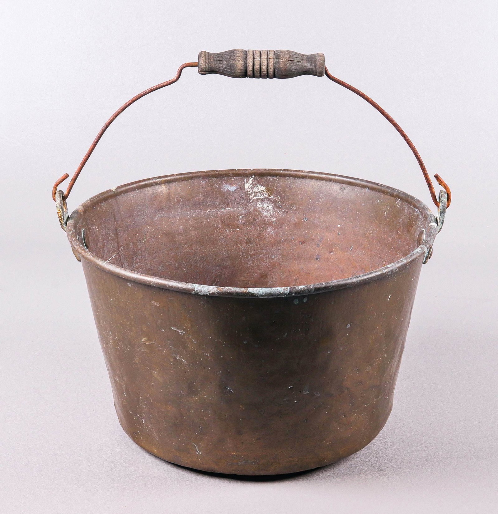 Brass Bucket with Bail Handle: Brass bucket with wire bail handle, hammered construction, 12-1/2" dia x 7-1/2" h