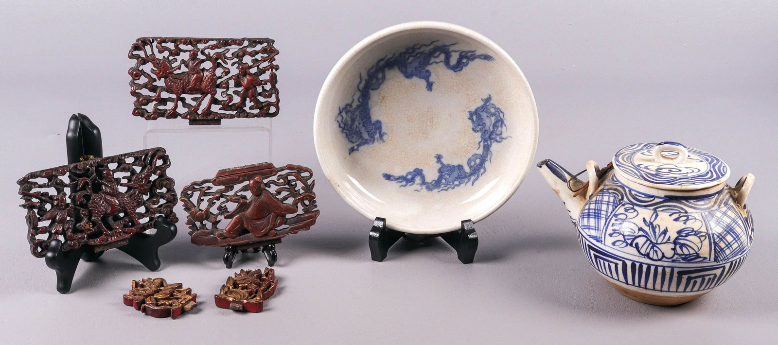 Japanese Teapot, Dish and Carvings (1 of 2)