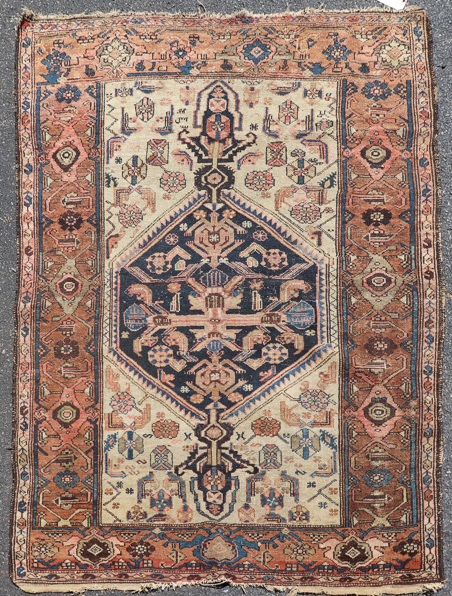 4'3" X 6' Antique Persian Malayer Rug: 4'3" X 6' Antique Persian Malayer Rug, camel hair, circa 1920's; see photos for specific condition concerns