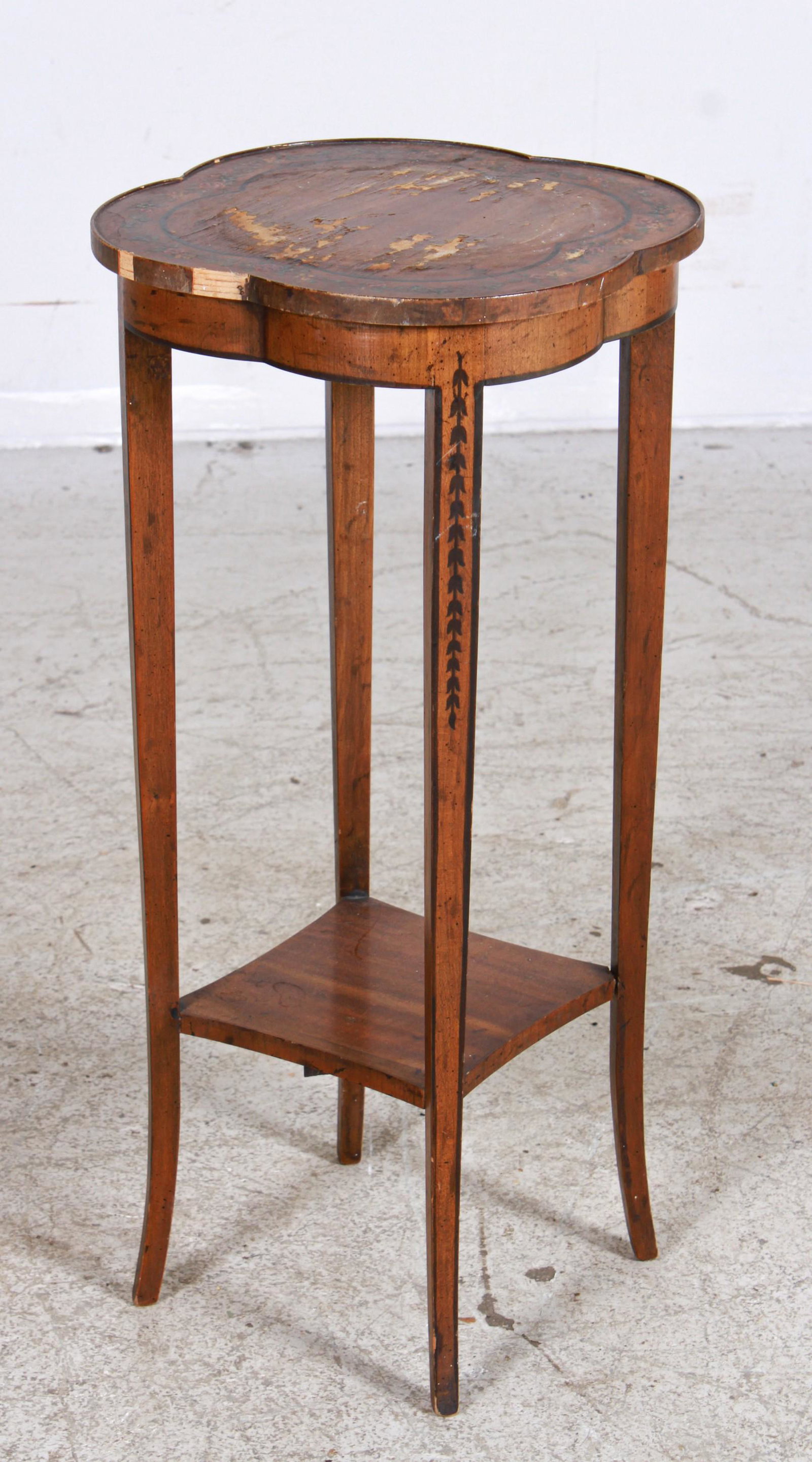 Heritage Adams style 2-tier pedestal table: Heritage Adams style 2-tier pedestal table, 24"h x 11-1/2"diameter, wear to veneer