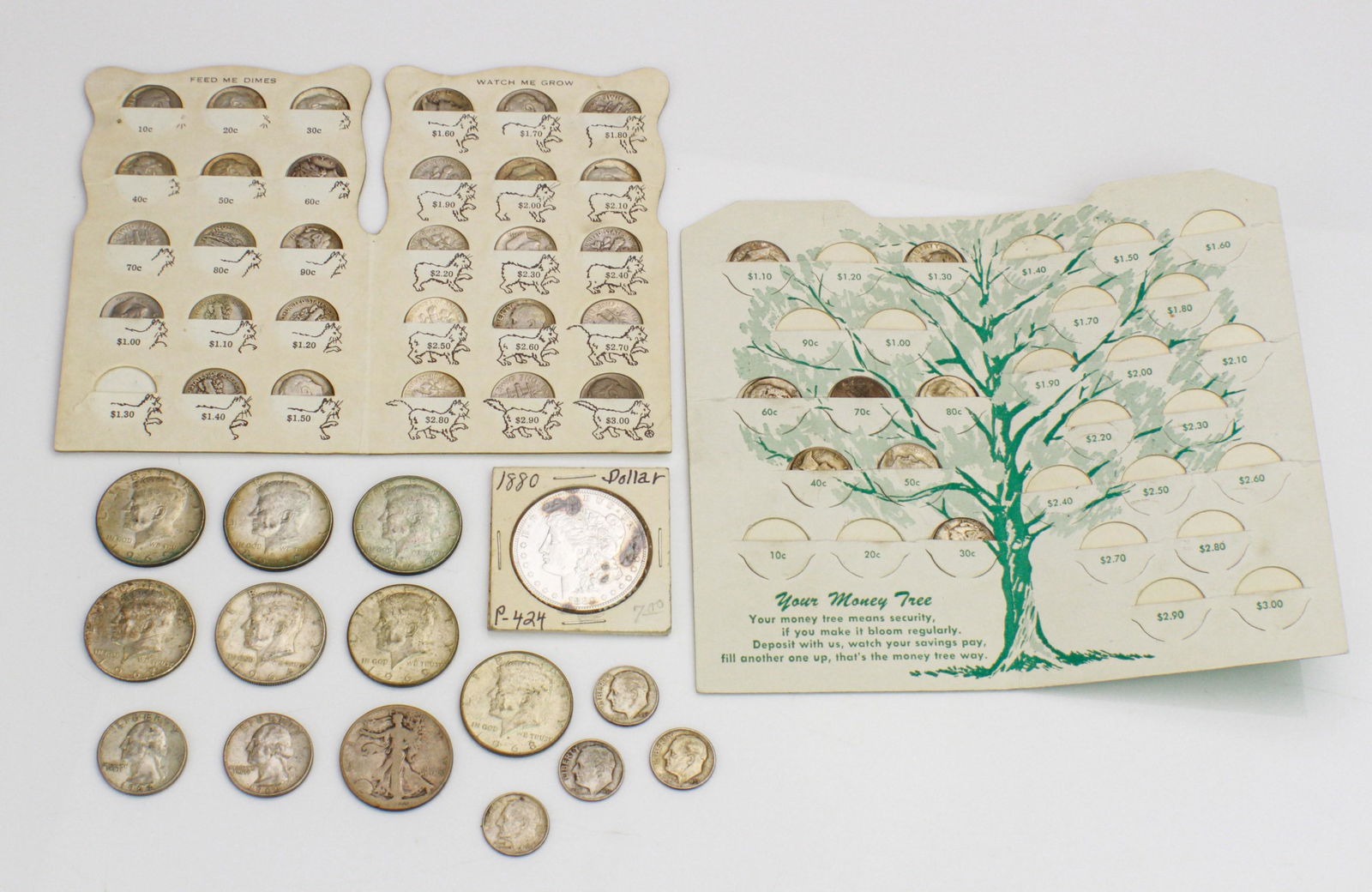 $5.50 Face Silver Coins, 1880 Morgan Dollar, Silver: Lot of $5.50 Face Silver Coins, 1880 Morgan Dollar, $3.00 silver clad half dollars