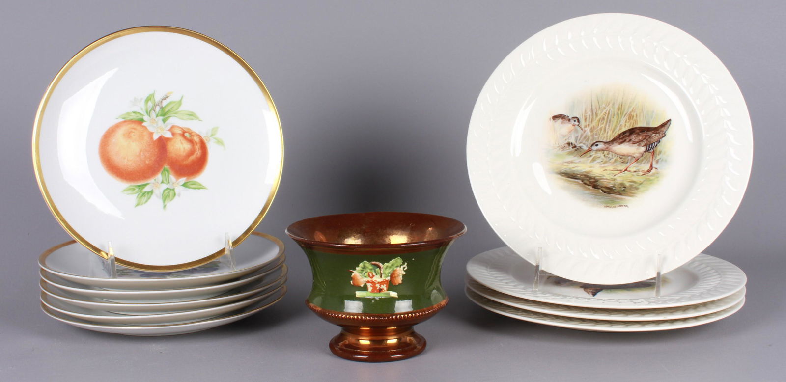 (11) Porcelain Plates and Bowl: (11) Porcelain plates and bowl to include (4) Edwin Megargee multi-bird transfer decorated plates, Theodore Haviland, 9" dia ea, (6) Selb Hutschenreuther fruit decorated plates, gilt edge, 8" dia and