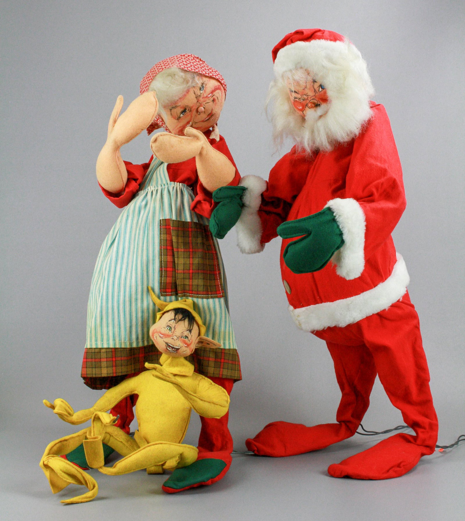Annalee Santa, Mrs. Claus and Elf: Annalee Santa, Mrs. Claus and elf, 27" and 14" elf when seated