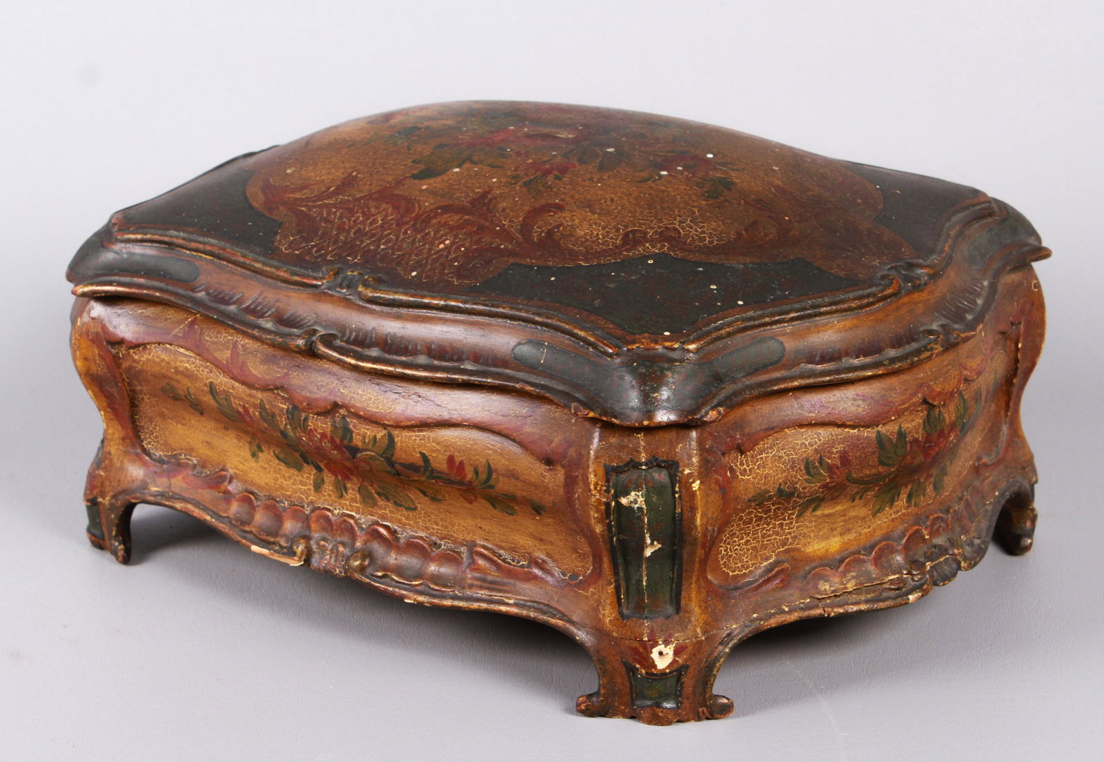 Carved & Painted Bombe Box: Carved & painted wood bombe box, wallpaper lined, 14-1/2" x 10-1/2" x 6-1/2" h, cracking