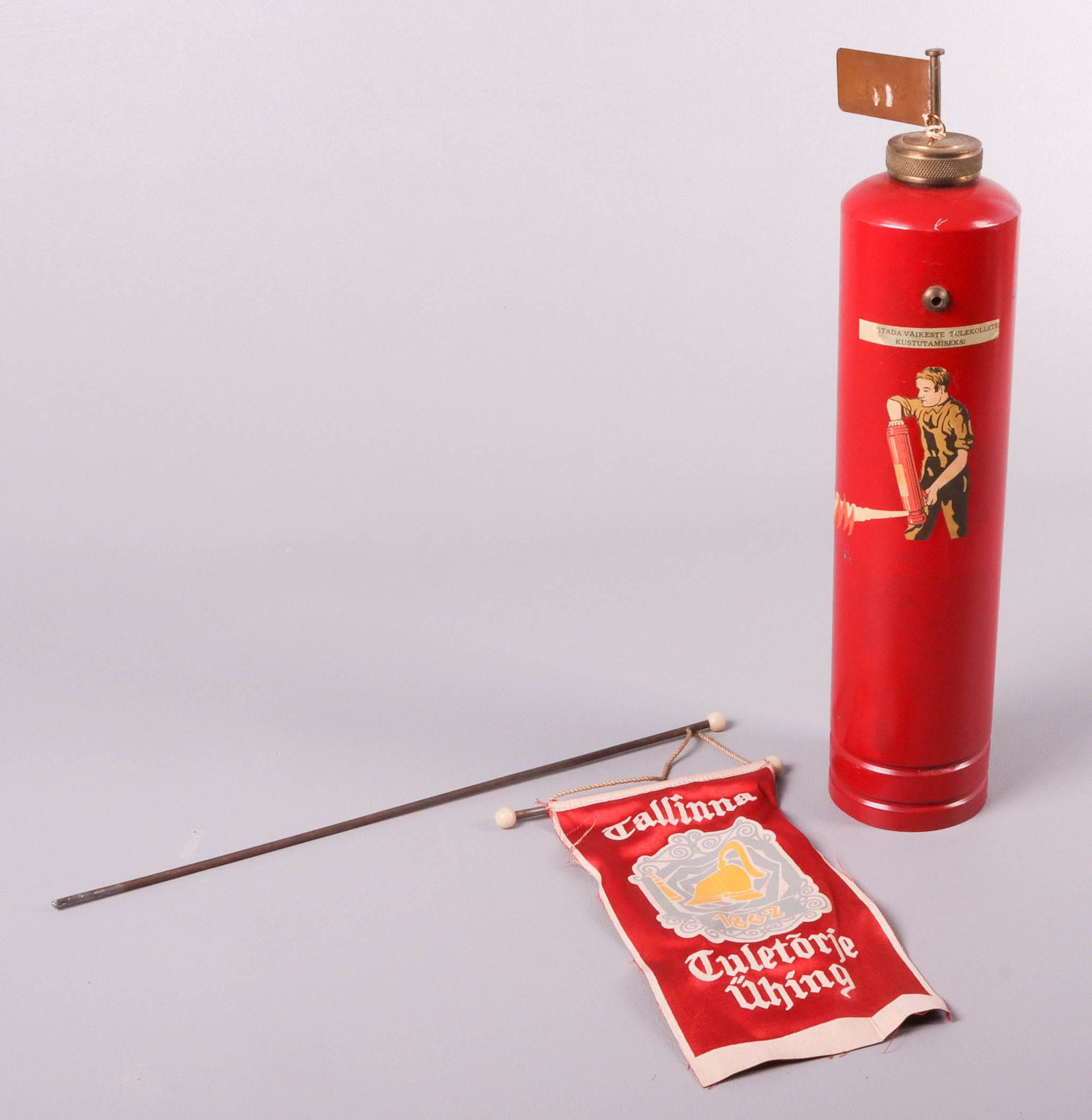 Estonian Tallinn Fire Brigade Flag: Estonian Tallinn Fire Brigade flag and extinguisher.