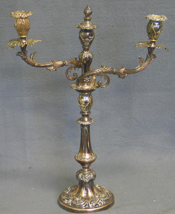 Pair silver plate on copper candelabra: Pair silver plate on copper candelabra, arms slightly bent, some wear, 20 1/2" high