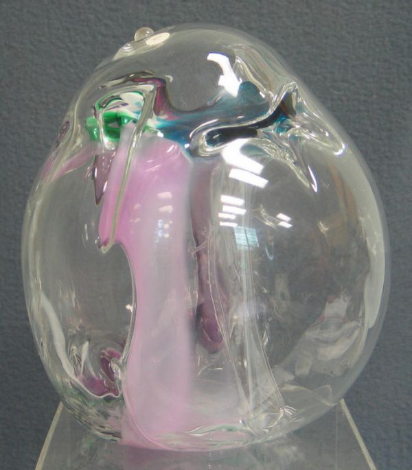 Freeform contemporary art glass sculpture: Freeform contemporary art glass sculpture, amethyst & turquoise blue interior design, 10.5" tall, Peter Bramhall, 1998, VT