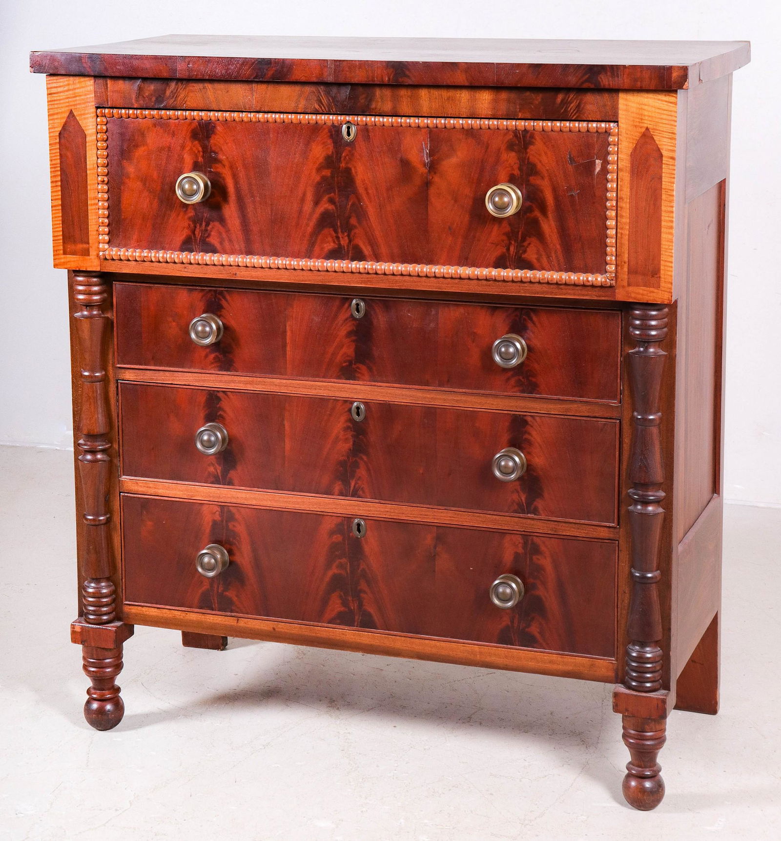 Mahogany & Figured Maple Late Sheraton Bureau (1 of 6)