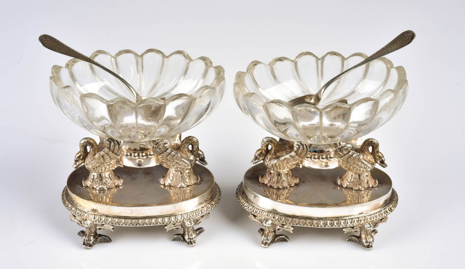 Pr French 950 Silver Pedestal Salts, winged swans (1 of 6)