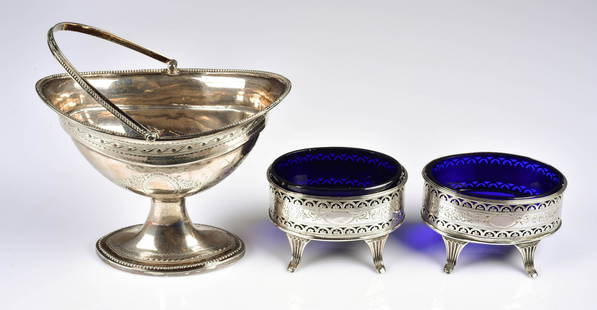 Pr Hester Bateman Sterling Silver Oval Salts: Pr Hester Bateman Sterling Silver Oval Salts with cobalt Inserts, London, 1790, 3 1-4" x 2 3-8", 2.95 TO, along with an Irish sterling silver sugar basket, Dublin, 1791, 5 1-2"w, 6 3-4" h, 5.95 TO