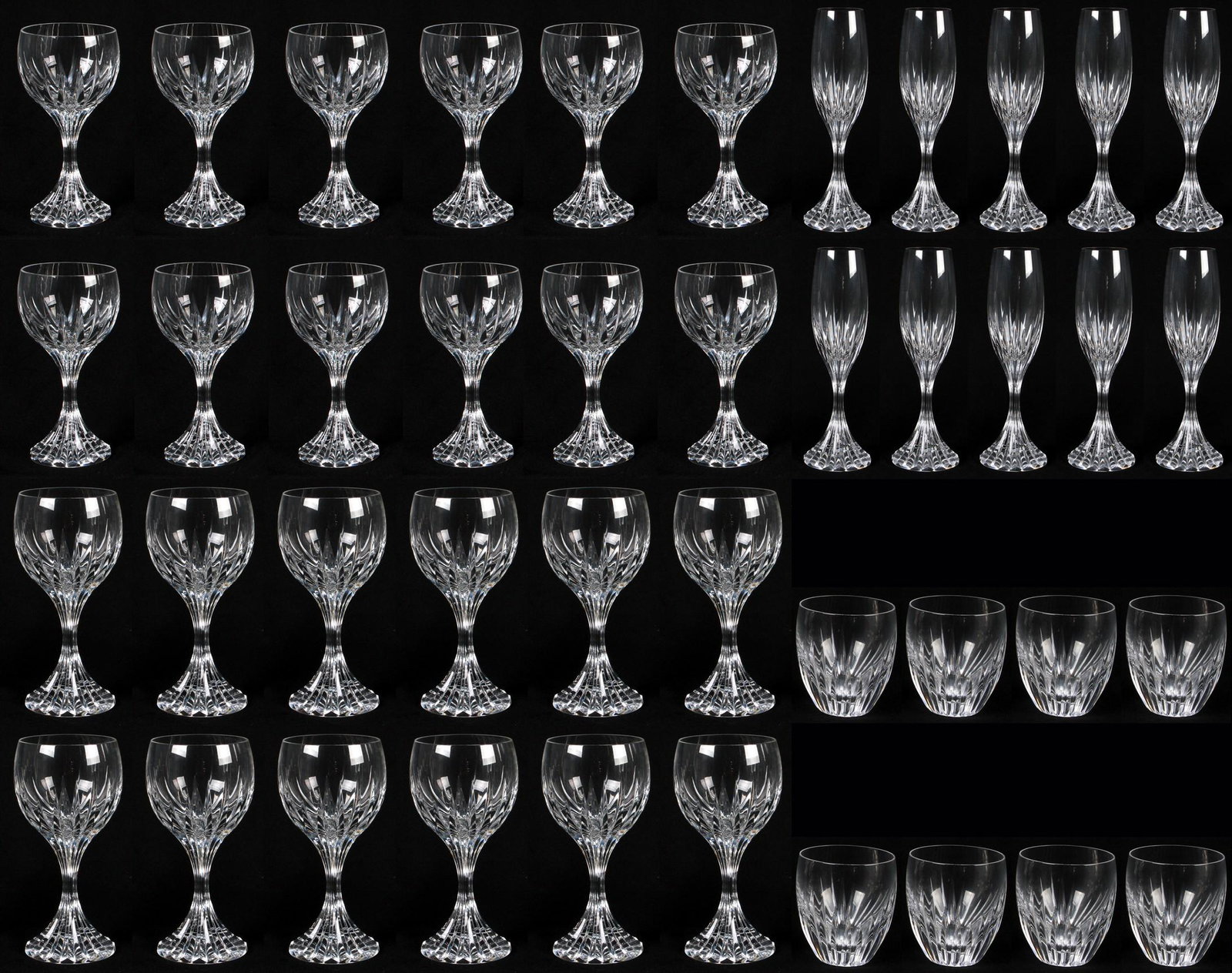 (44) Baccarat Massena Bar Glasses: (44) Baccarat crystal bar glasses, Massena pattern, c/o (12) 7" water goblets, (12) 6-3/8" wine glasses, (12) 8-1/2" champagne flutes, (8) 3-5/8" tumbler