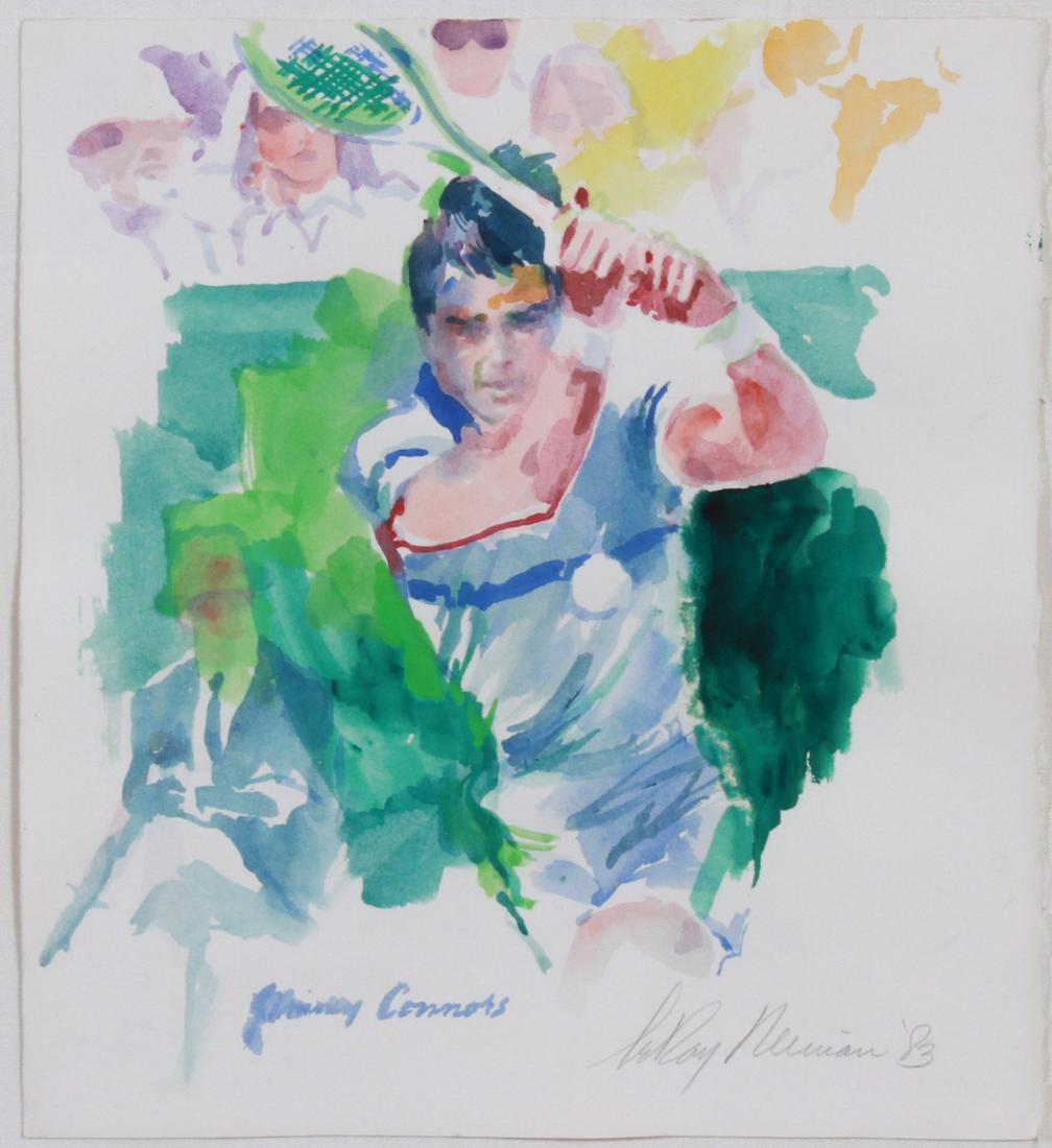Leroy Neiman Watercolor "Jimmy Connors": Leroy Neiman (American, 1921-2012) watercolor "Jimmy Connors" depicting the tennis legend, watercolor on paper, signed "Leroy Neiman '83", 15-1/2" x 14-1/4", framed 28" x 26-3/4", very good condition,