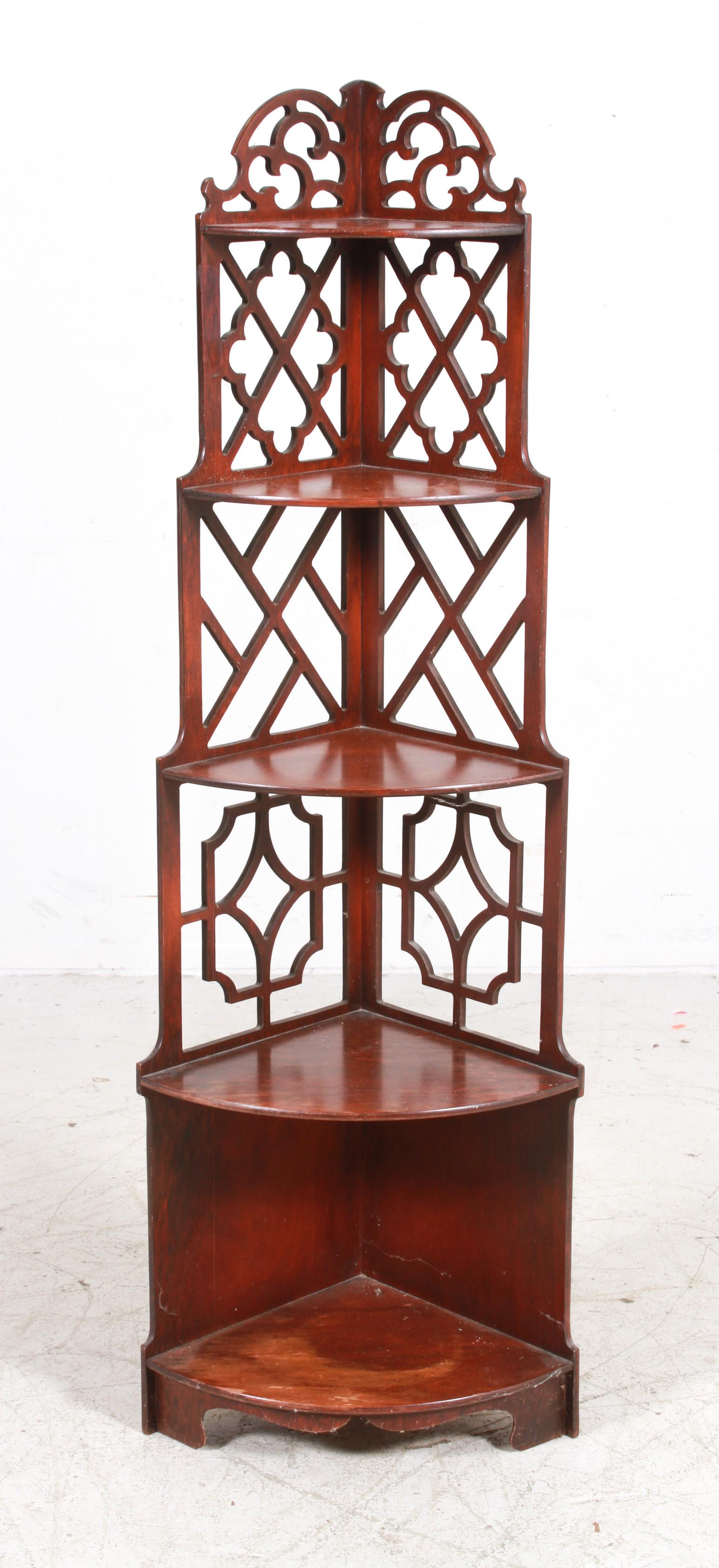 Mahogany pierced carved corner etagere (1 of 2)