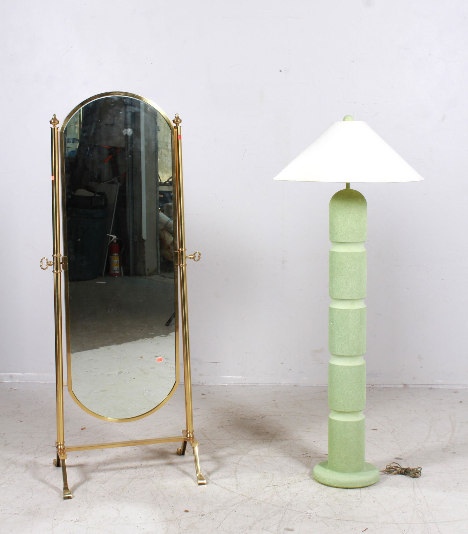 Brass cheval mirror, Modern Design green tiered lamp (1 of 3)