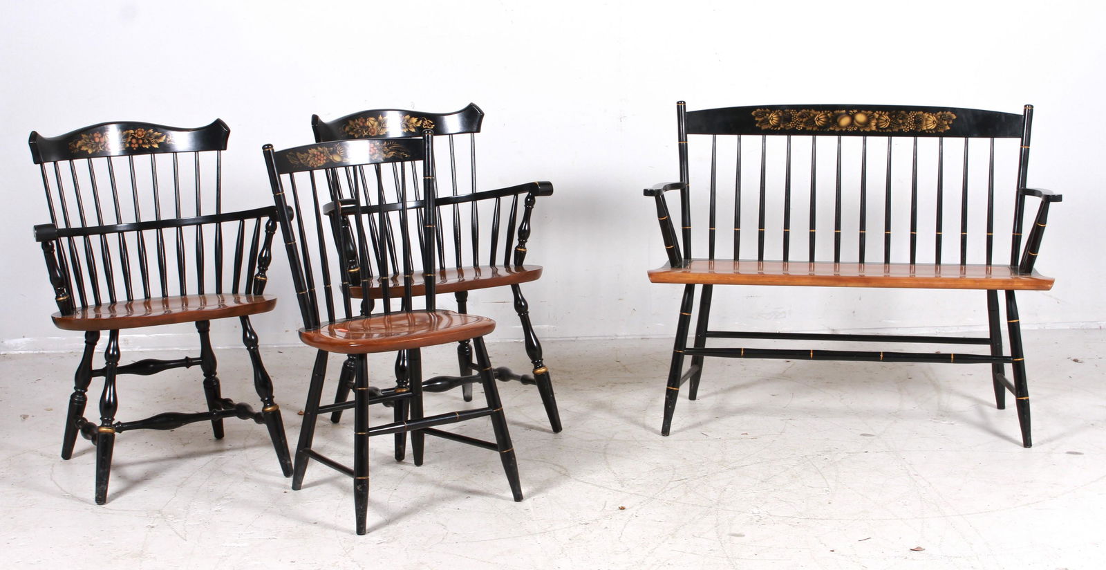 (4) Hitchcock style bamboo form bench, side chair, (1 of 5)