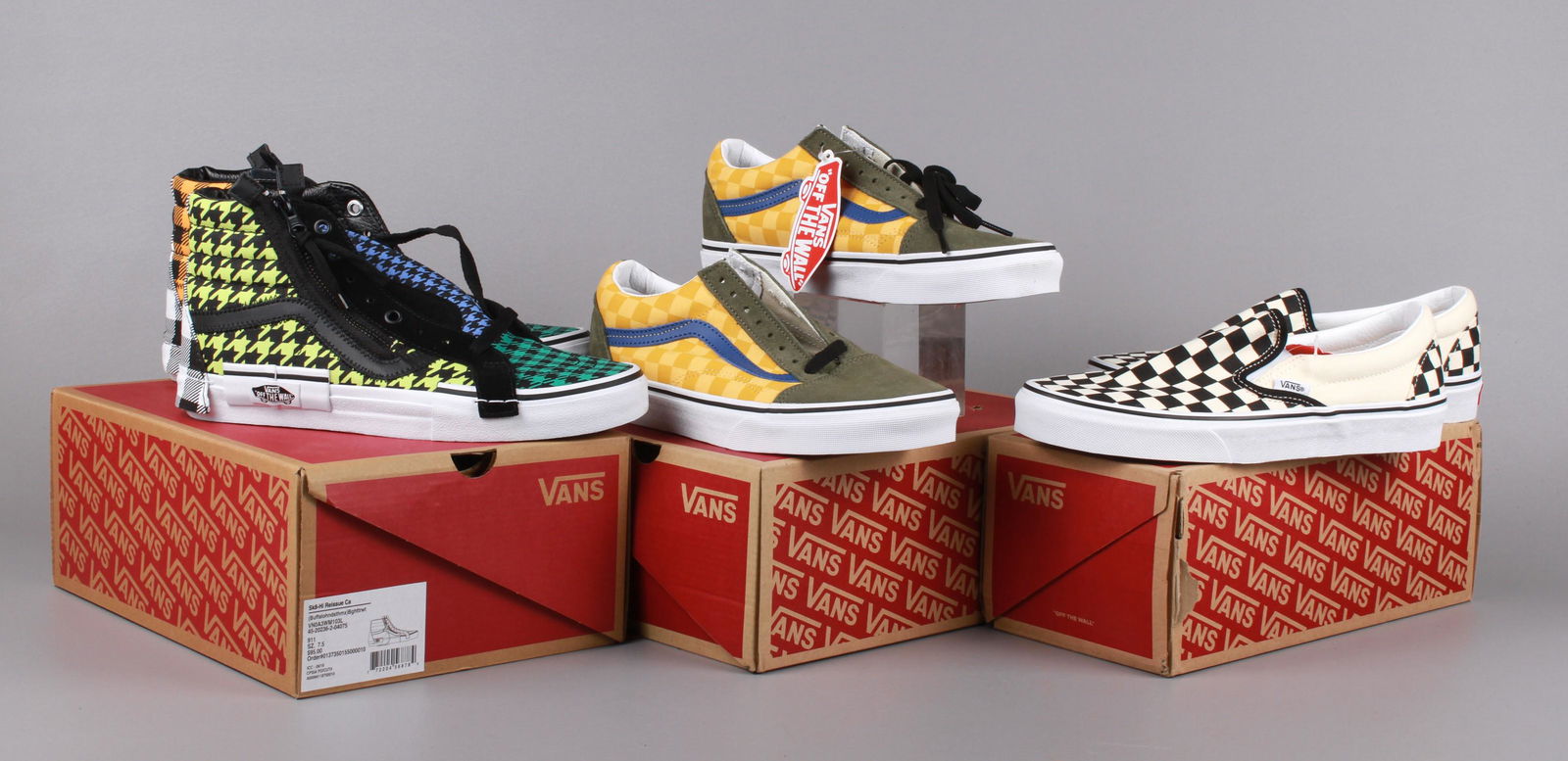 (3) Pair NIB 7.5 Vans Sneakers: (3) Pair NIB 7.5 Vans sneakers to include Sk8-Hi Re-Issue Buffalo Check and Houndstooth, Classic Slip On Checkerboard and Old Skool in Rally Check.