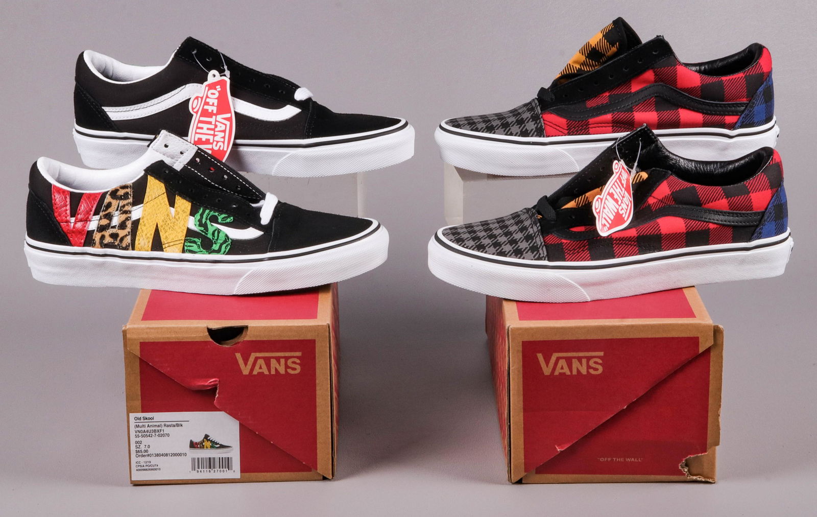 (2) Pair NIB 7 Vans Sneakers: (2) Pair NIB 7 Vans sneakers to include Old Skool Buffalo Mix and Old Skool Multi-Animal Rasta.