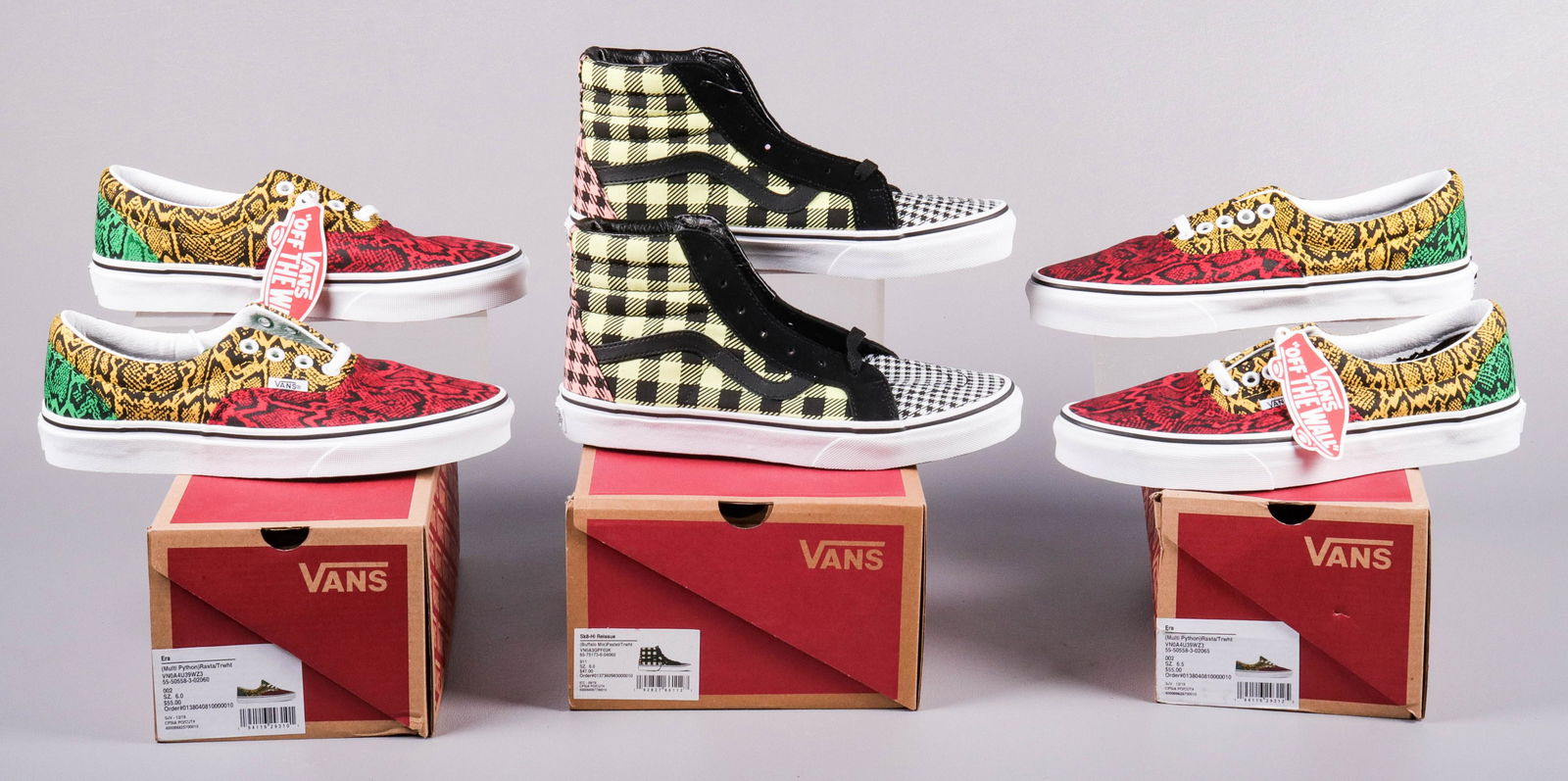 (3) Pair NIB 6.5-6 Vans Sneakers: (3) Pair 6.5-6 Vans sneakers to include size 6 Sk8-Hi Re-Issue Buffalo Mix and size 6 and 6.5 Era Multi-Python Rasta.