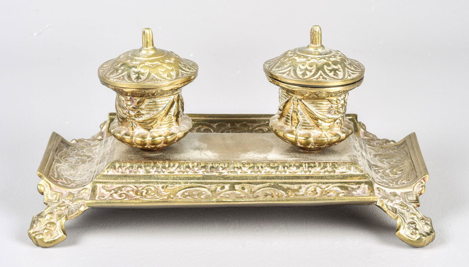 Embossed Brass Double Inkwell Stand (1 of 1)