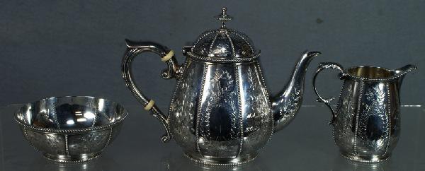 3 pc English Victorian sterling silver tea set, sma: 3 pc English Victorian sterling silver tea set, small pot, creamer, open sugar bowl, London, 1873-74, maker JB/EB, probably J&E Barnard, with registry marks and monarchs head, no mono, very crisp cond