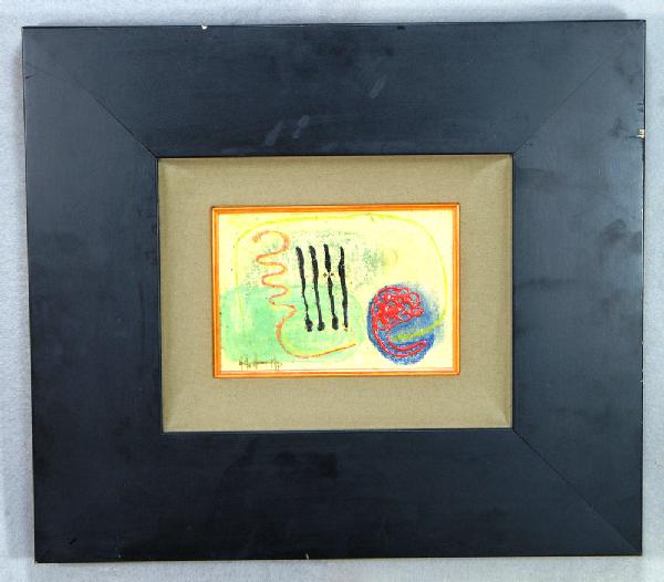 Mike Neville, American, 20th c, acrylic on board, : Mike Neville, American, 20th c, acrylic on board, "Violins 1", purchased at Jadeite Galleries, NY, 2002, 4" x 6 1/2" , with original price tag and gallery brochure