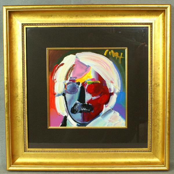 Peter Max, American, b 1937, acrylic on paper, Por: Peter Max, American, b 1937, acrylic on paper, Portrait of Andy Warhol, 10" x 10", framed nicely with presentation inscription form the artist verso