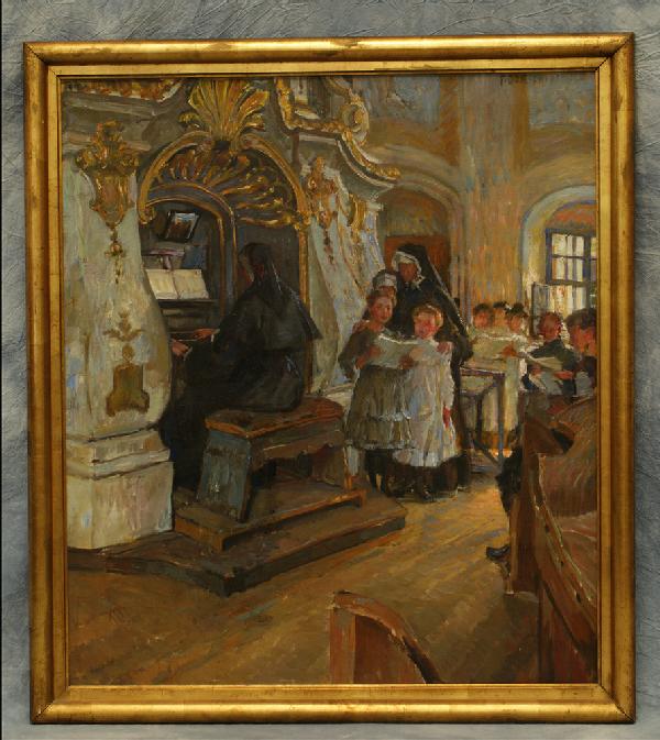 Ferdinand Dorsch, German, 1875-1938, 31" x 27" o/c: Ferdinand Dorsch, German, 1875-1938, o/c, Children Singing While Nun Plays Organ, 31" x 27"
