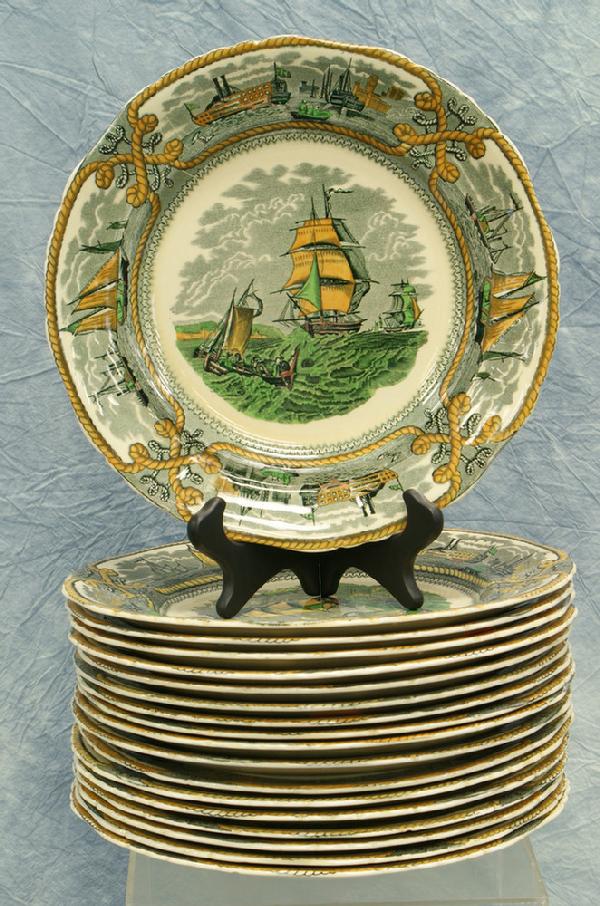 18 Mason's Patent Ironstone "American Marine" poly: 18 Mason's Patent Ironstone "American Marine" polychrome decorated plates, 10 1/4" diameter, several with small rim chips