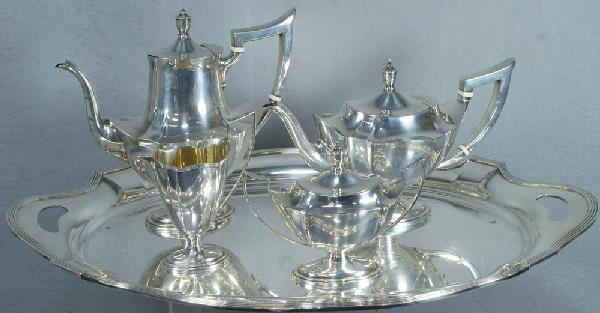 4 pc Gorham sterling silver Plymouth pattern teaset: 4 pc Gorham sterling silver Plymouth pattern teaset including 2 pots, creamer, sugar bowl, silver handles and finials, very clean set, no monogram, on a plated Gorham tray, 59 TO