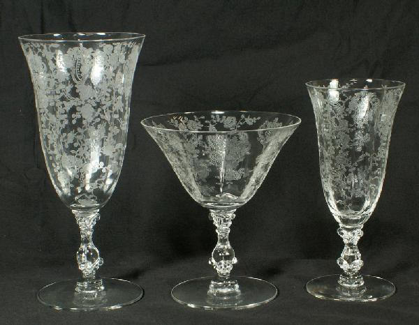 48 pcs Cambridge Rose Point stemware, c/o (27) lo: 48 pcs Cambridge Rose Point stemware, c/o (27) low sherbets, 5"h, (2) with rim chips, (15)10 oz footed tumblers, 7" tall, (3) with chips, (6) 5 3/4" juice glasses