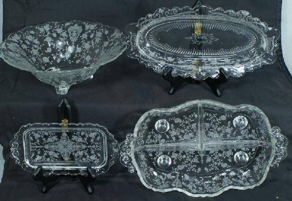 6 pcs Cambridge Rose Point tableware, 3-toed foot: 6 pcs Cambridge Rose Point tableware, 3-toed footed bowl, 9 7/8", 3-toed crimped bowl, 9 1/2", (2) 4-toed 3-part relish dishes, 12", 1/4 lb butter, no lid, oval flat bottom relish, 11", no damage